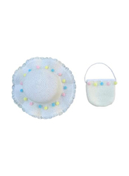 The Girl Cap Pompoms Design Straw Hat & Shoulder Bag Set, 2 Pieces, White