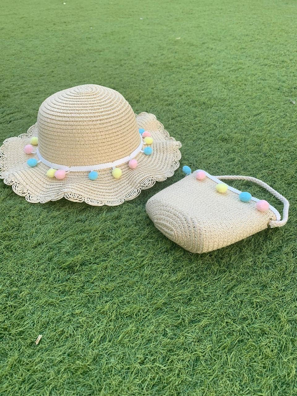 The Girl Cap Pompoms Design Straw Hat & Shoulder Bag Set, 2 Pieces, Beige