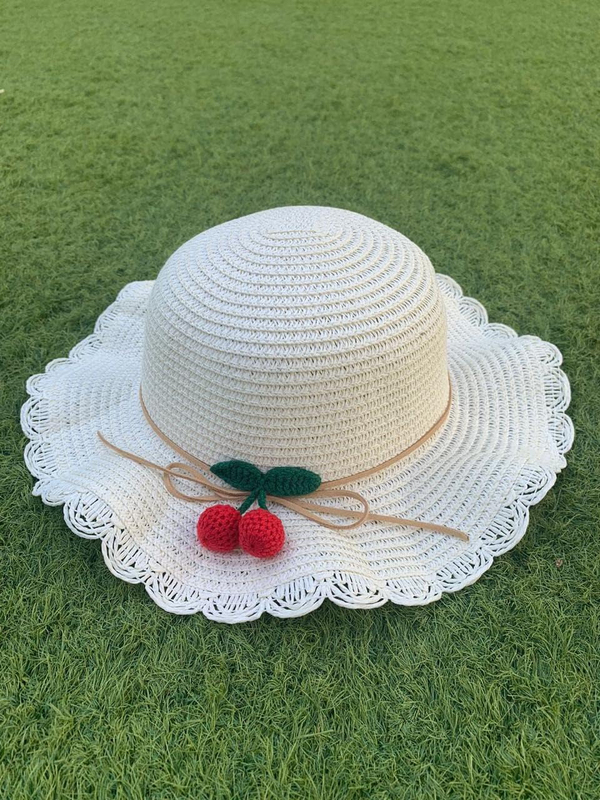 The Girl Cap Cherry Design Straw Hat & Shoulder Bag Set, 2 Pieces, White