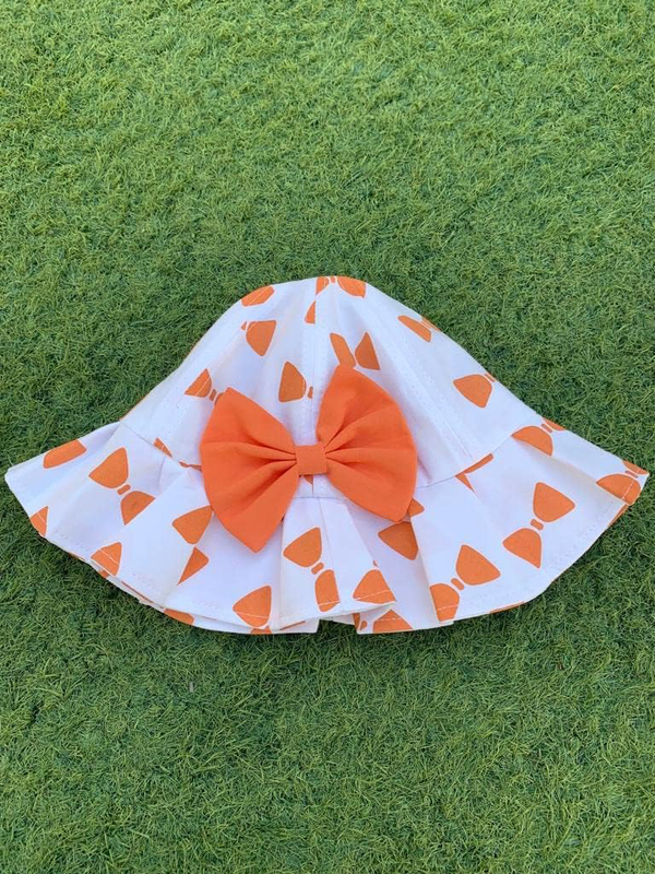 The Girl Cap All Season Sun Protection Cotton Bow Print Bucket Hat, 2-6 Years, Orange