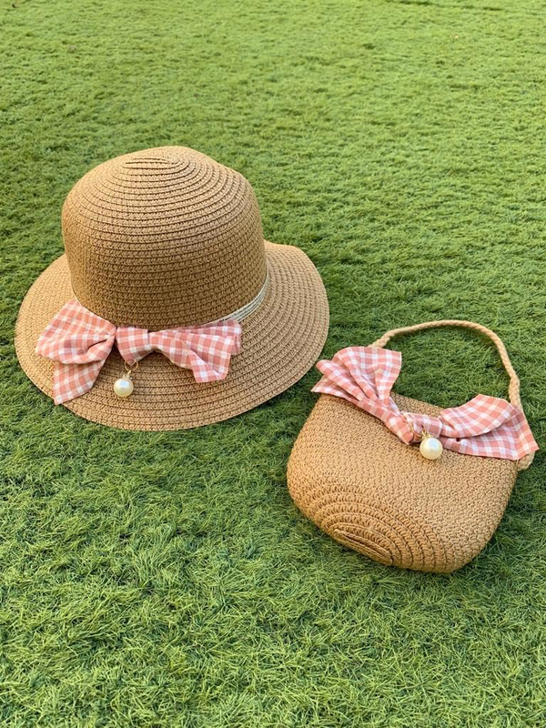 The Girl Cap Bow Straw Hat & Shoulder Bag Set, 2 Pieces, Brown