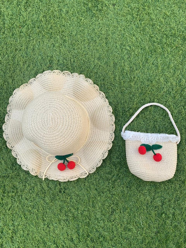 The Girl Cap Cherry Design Straw Hat & Shoulder Bag Set, 2 Pieces, Beige