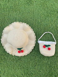 The Girl Cap Cherry Design Straw Hat & Shoulder Bag Set, 2 Pieces, Beige
