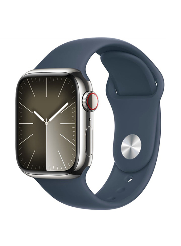 Apple Watch Series 9 41mm S/M & M/L Smart Watch, GPS + Cellular, Silver Stainless Steel Case With Storm Blue Sport Band