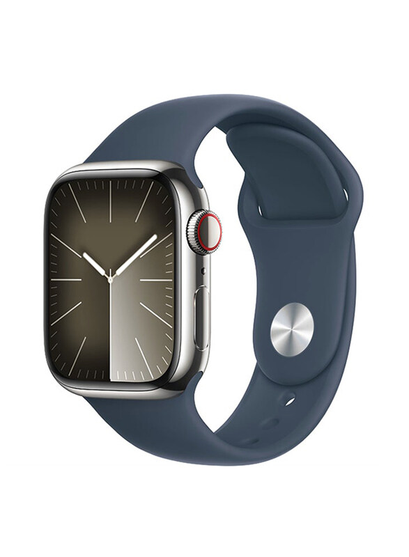 

Apple Watch Series 9 45mm S/M & M/L Smart Watch, GPS + Cellular, Silver Stainless Steel Case With Storm Blue Sport Band