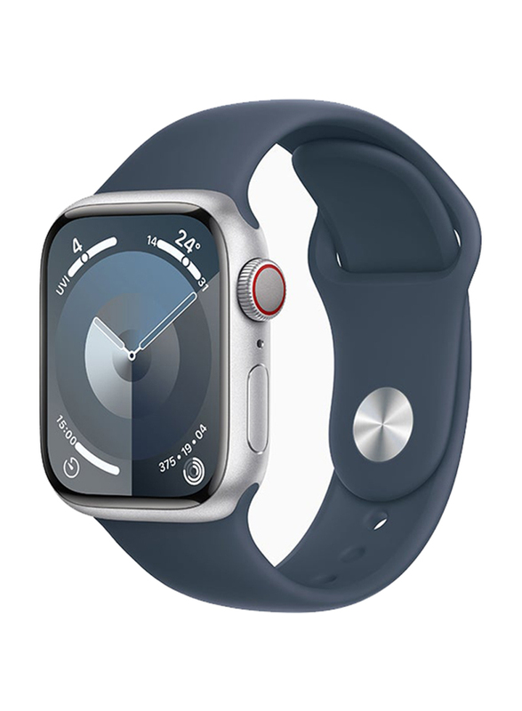 Apple Watch Series 9 41mm S/M & M/L Smart Watch, GPS + Cellular, Silver Aluminium Case With Storm Blue Sport Band