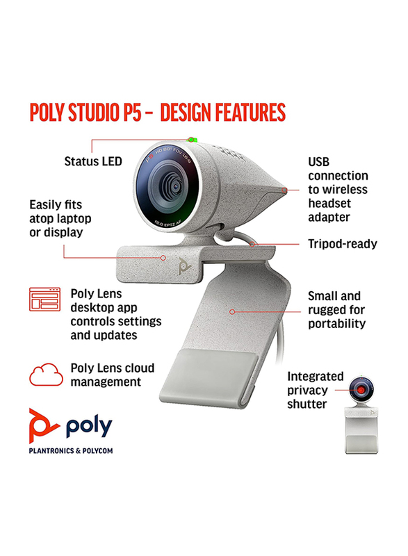Plantronics Poly Studio P5 Professional HD Webcam 1080P HD Video Conference Camera, White