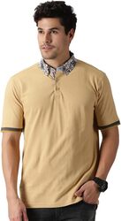 Cuts and Fit Cotton T-Shirt with Collar - Beige
