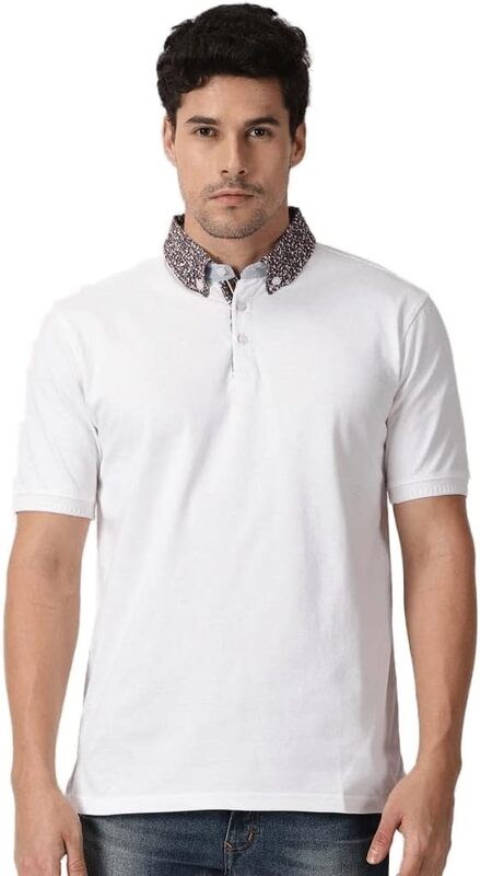 Cuts and Fit Cotton T-Shirt with Collar - White