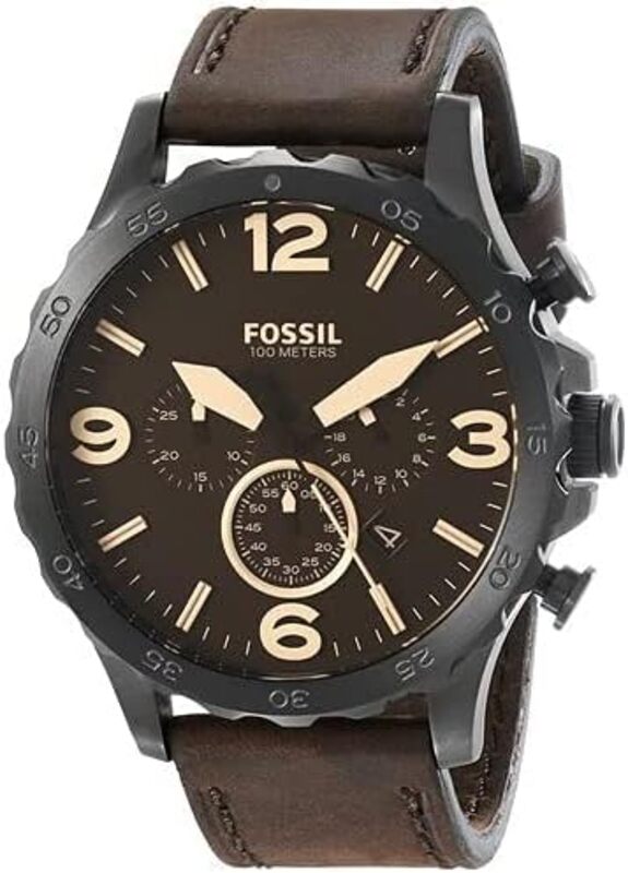 Fossil Men's JR1487 Nate Stainless Steel Watch with Brown Leather Band, Brown, strap JR1487