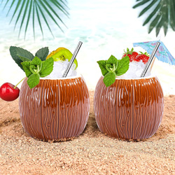 Linall 520ml 4-Piece Set Ceramic Cocktail Glfor Coconut Tiki Mug, Brown