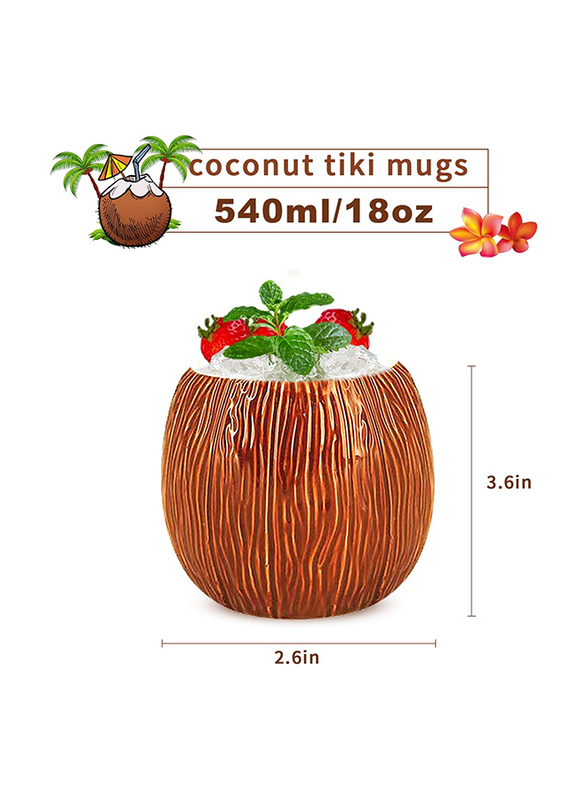Linall 520ml 4-Piece Set Ceramic Cocktail Glfor Coconut Tiki Mug, Brown