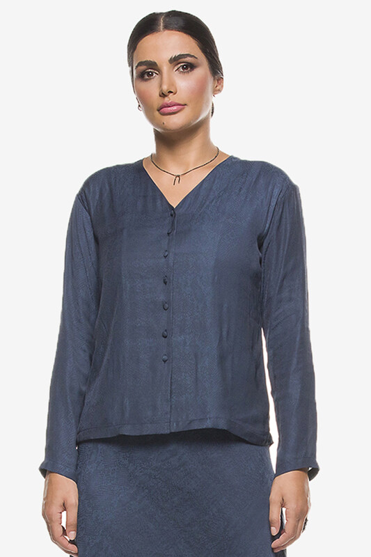

Kayfi Blue V Neck Jacquard Top, 12 UK, Blue