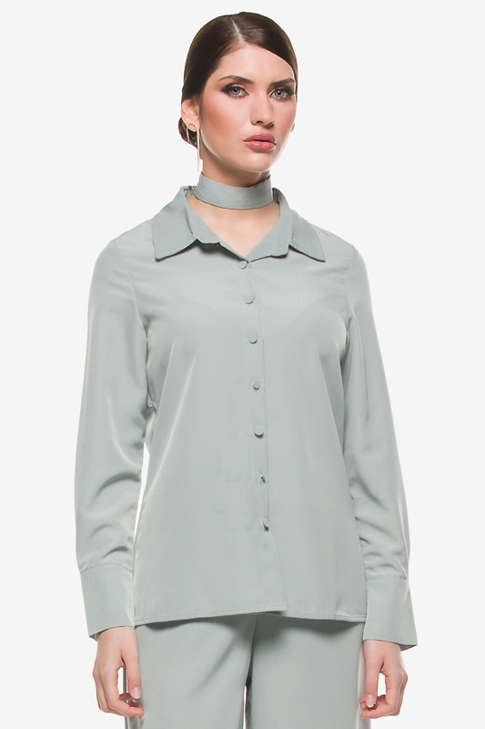 Green Button Down Blouse with Choker, 16 UK, Green