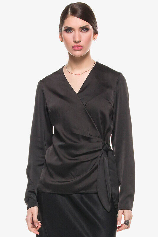 

Kayfi Black Tie Front Wrap Top, 10 UK, Black