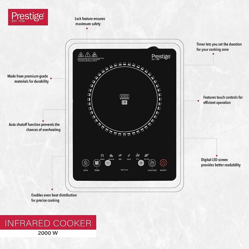 Prestige Infrared Single Cooktop with 8 Digital Temperature Control, 2000W, PR7505, Black