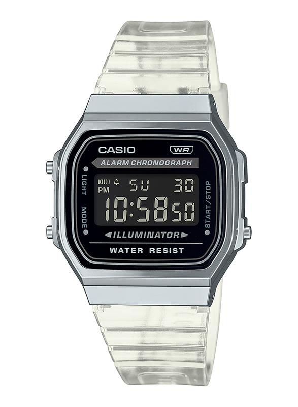 Casio Vintage Digital Watch for Unisex with Resin Band, Water Resistant and Chronograph, A168XES-1B, Transparent-Black