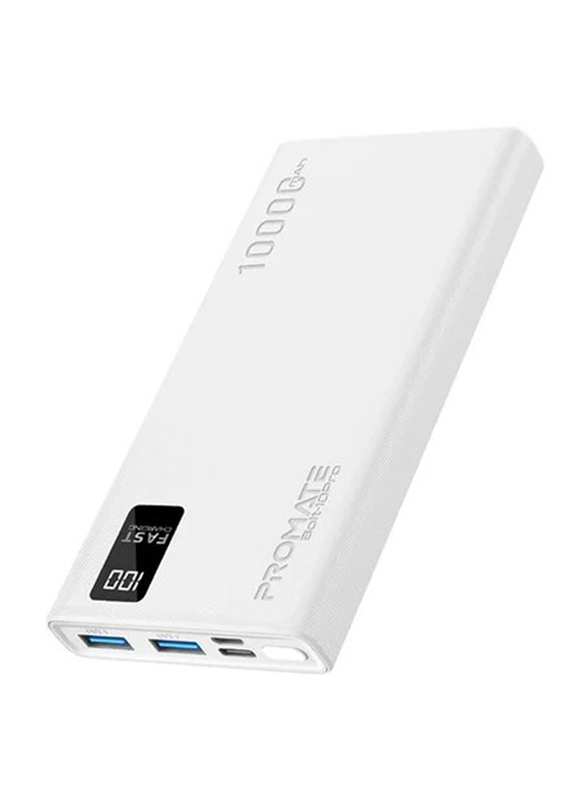 

Promate 10000mAh Bolt Compact Smart Charging Power Bank with Dual USB-A & USB-C Output 10W, White