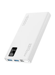Promate 10000mAh Bolt Compact Smart Charging Power Bank with Dual USB-A & USB-C Output 10W, White