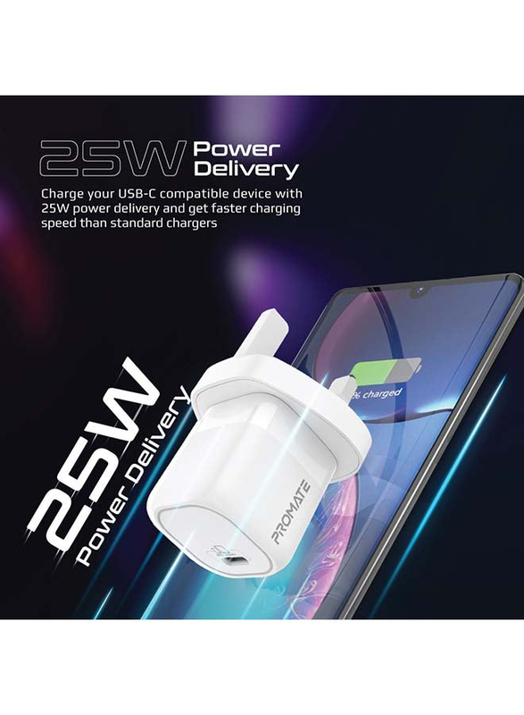 Promate 25W Power Delivery USB-C UK Wall Charger, White