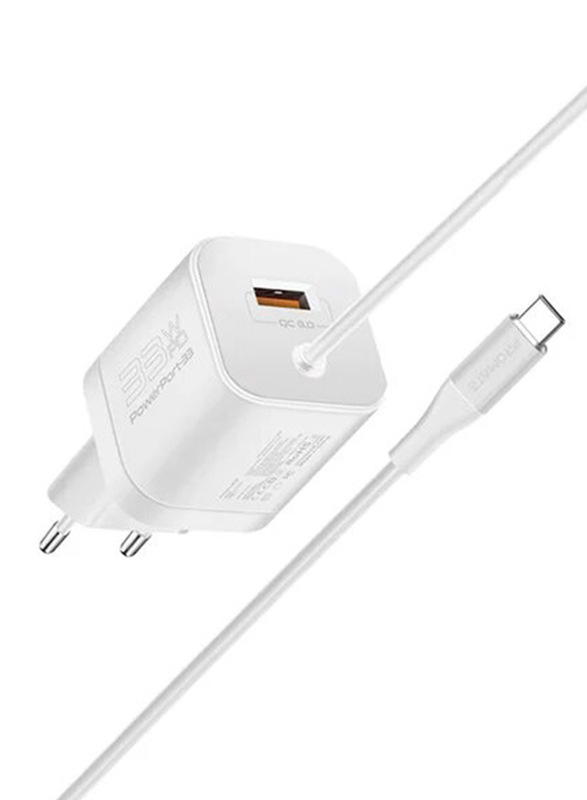 Promate iPhone14 USB-C Charger, Premium 33W Power Delivery Wall Adapter with 22.5W Quick Charge 3.0 Port & 1.5M Type-C Cable & Adaptive for Samsung Galaxy S22/iPad Air/Power Port-PDQC3 EU, White