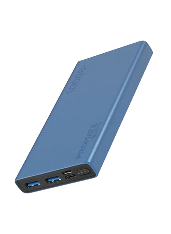 Promate 10000mAh Compact Smart Charging Power Bank with Dual USB Output, Blue
