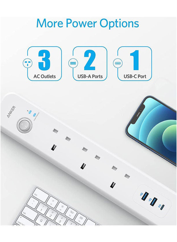 Anker Extension Lead 18W USB-C Port Power Strip with USB Charging, White