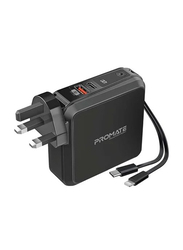 Promate 15000mAh Quick Charging Powerbank with AC Charge-in, Built-In 22W USB-C PD Cable, 20W Lightning Cable & QC 3.0 USB Port, Black