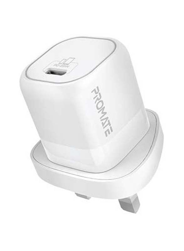 Promate 25W Power Delivery USB-C UK Wall Charger, White