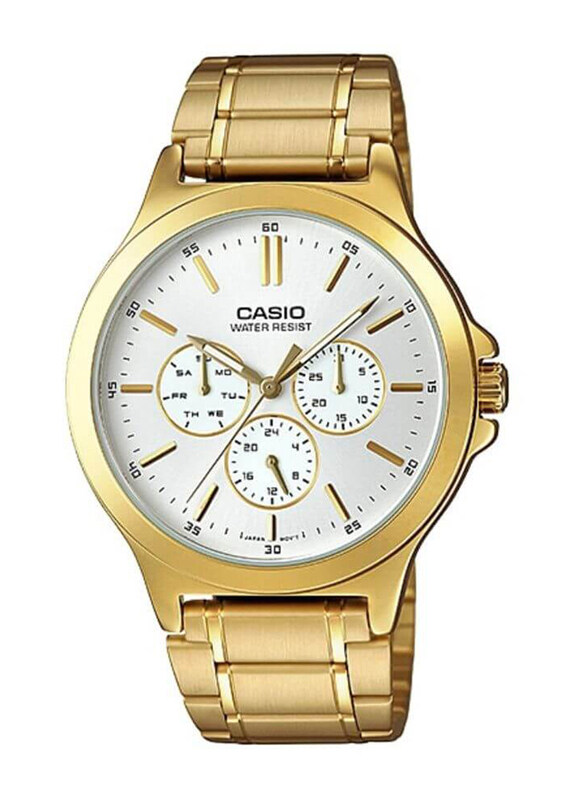 

Casio Enticer Analog Watch for Men with Stainless Steel Band, Water Resistant and Chronograph, MTP-V300G-7AUDF, Gold-White