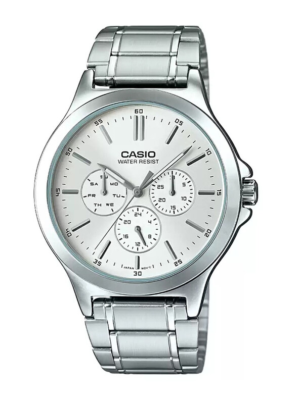 

Casio Enticer Analog Watch for Men with Stainless Steel Band, Water Resistant and Chronograph, MTP-V300D-7AUDF, Silver-White