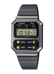 Casio Vintage Digital Watch for Unisex with Stainless Steel Band, Water Resistant, A100WEGG-1A2, Black-Black