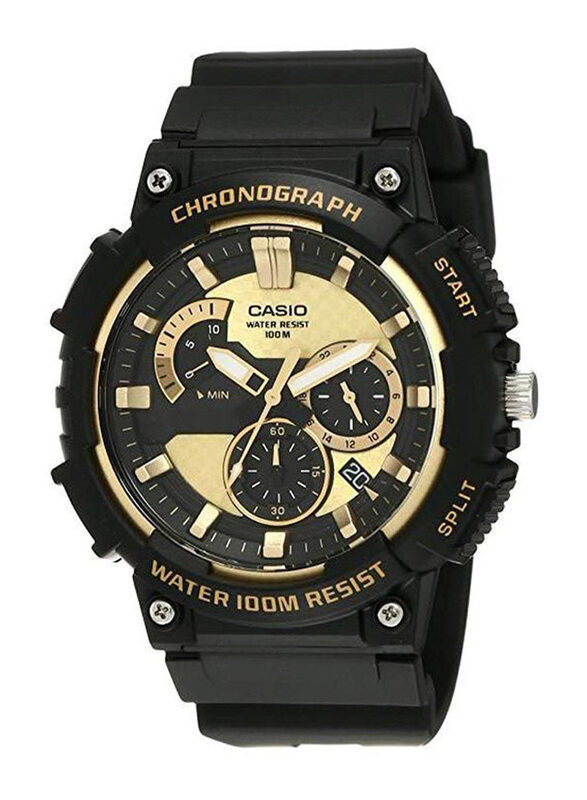 

Casio Youth Analog Watch for Men with Resin, Water Resistant & Chronograph, MCW-200H-9AVDF, Gold-Black