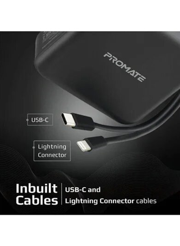 Promate 15000mAh 2-In-1 Universal PD20 Power Bank with Multi-Regional AC Plug, 20W USB-C PD, QC 3.0 Port & USB-C & Lightning Cable for iPhone 12/iPad Pro/iPod/Galaxy S21, Black