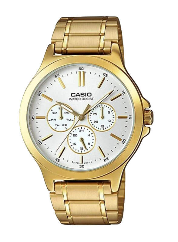 

Casio Enticer Analog Watch for Men with Stainless Steel Band, Water Resistant and Chronograph, MTP-V300G-7AUDF, Gold-White