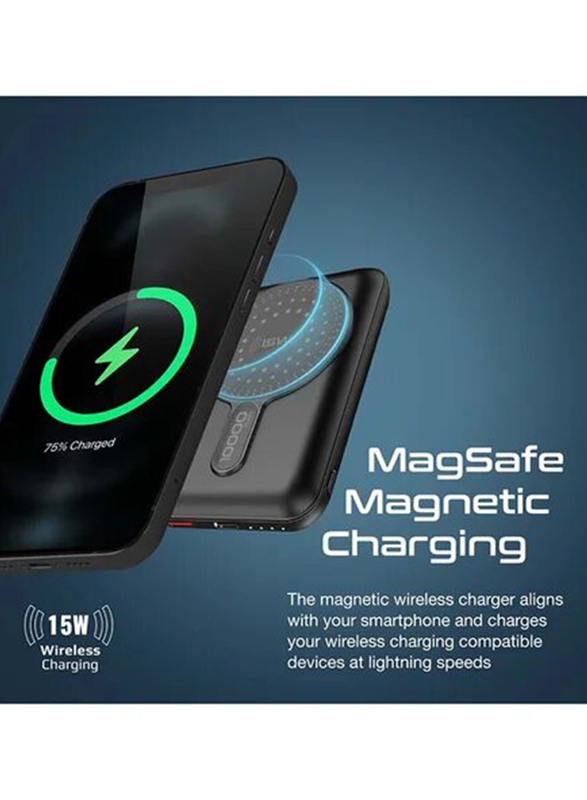 Promate 10000mAh Supercharge MagSafe Magnetic Wired and Wireless Charging Power Bank 15W, 20W PD & Quick Charge 3.0 Port, Black