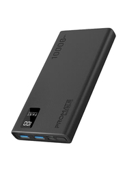 Promate 10000mAh Compact Smart Charging Power Bank with Dual USB-A & USB-C Output 10W, Black