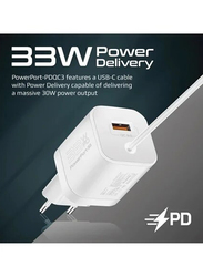 Promate iPhone14 USB-C Charger, Premium 33W Power Delivery Wall Adapter with 22.5W Quick Charge 3.0 Port & 1.5M Type-C Cable & Adaptive for Samsung Galaxy S22/iPad Air/Power Port-PDQC3 EU, White