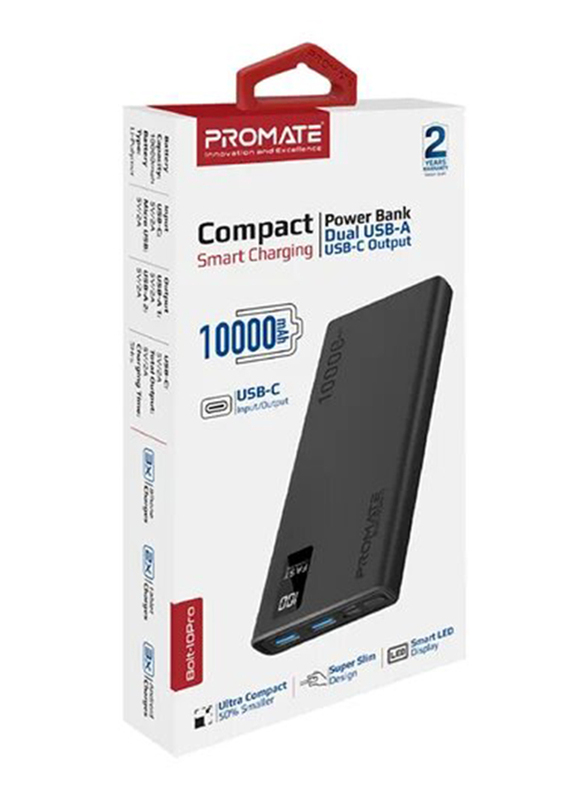 Promate 10000mAh Compact Smart Charging Power Bank with Dual USB-A & USB-C Output 10W, Black