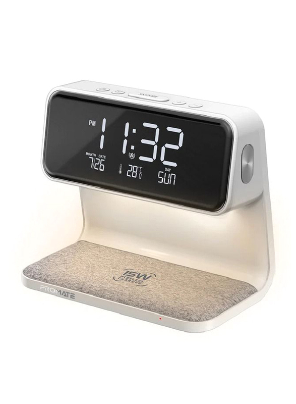 Promate Multi-Function LED Alarm Clock with 15W Wireless Charger, White
