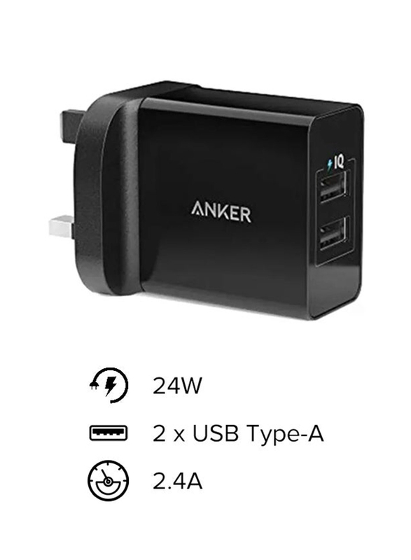 Anker 24W 2-Port USB UK Wall Charger Adapter, Black