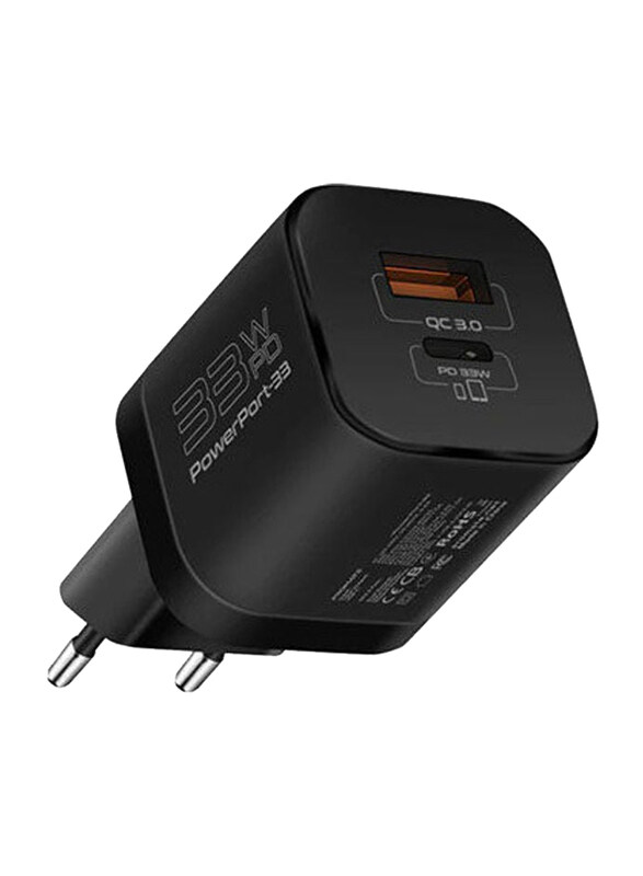 

Promate 33W Power Delivery GaNFast UK Wall Charging Adapter, Black