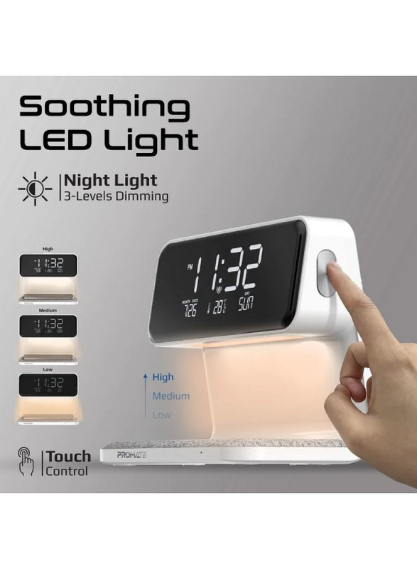 Promate Multi-Function LED Alarm Clock with 15W Wireless Charger, White