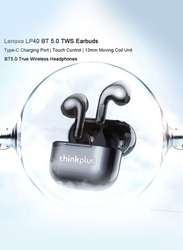 Lenovo TWS Wireless Earphone Bluetooth 5.0 Dual Stereo Bass Touch Control IP54 Life Waterproof, LP40, Black