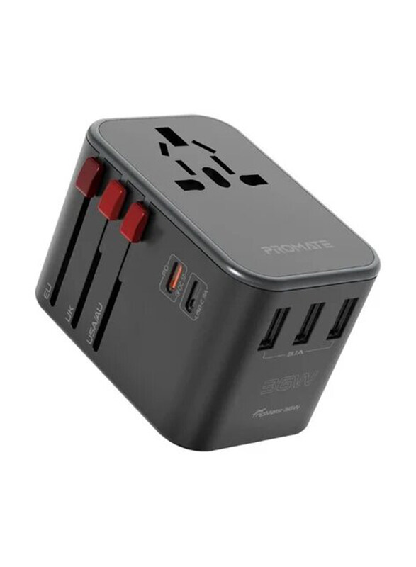 

Promate iPhone 15 Smart Charging Surge Protected Universal Travel Adapter 36W, Black