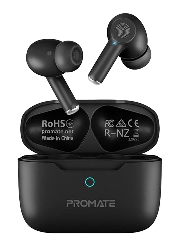Promate In-Ear Active Noise Cancelling True Wireless Earbuds with Intelligent Touch Controls & Charging Case for iPhone 14, Samsung S22, iPad Air, ProPods, Black