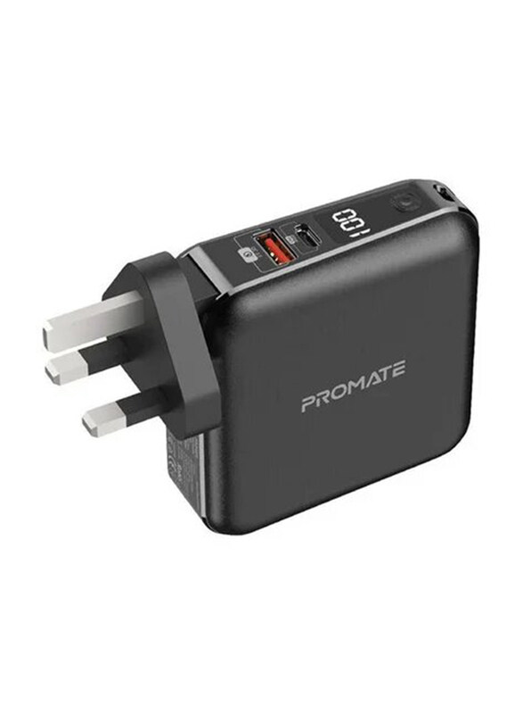 Promate 15000mAh 2-In-1 Universal PD20 Power Bank with Multi-Regional AC Plug, 20W USB-C PD, QC 3.0 Port & USB-C & Lightning Cable for iPhone 12/iPad Pro/iPod/Galaxy S21, Black