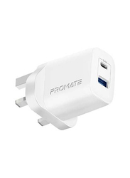 Promate 17W High-Speed Dual Port UK Wall Charger, White