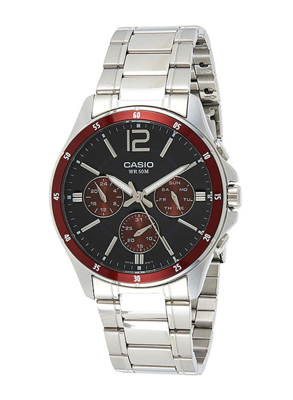 

Casio Enticer Analog Watch for Men with Stainless Steel Band, Water Resistant and Chronograph, MTP-1374D-5A, Silver-Black/Maroon