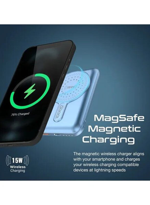 Promate 10000mAh 15W Supercharge MagSafe Wired and Wireless Charging Power Bank 20W PD with Quick Charge 3.0 Port, Blue